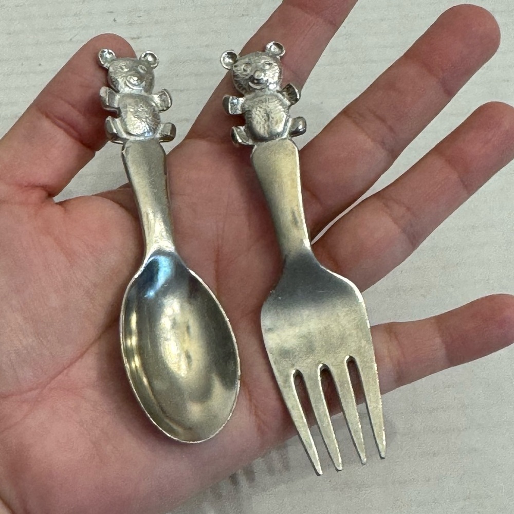 Baby Web Pewter Cubby Teddy Bear Child Baby Toddler Spoon Fork Stainless Set